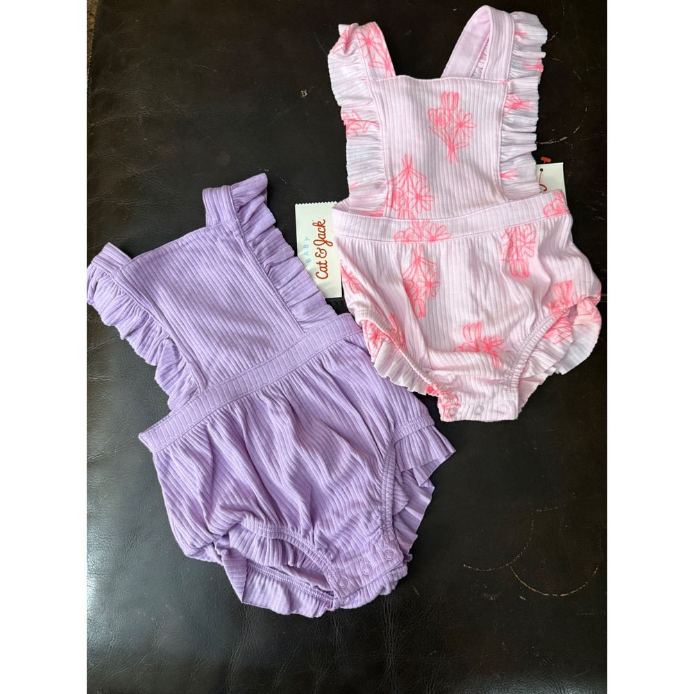 Cat & Jack Baby Girls Ruffle Ribbed Sunsuit Romper Set Purple Pink Floral 3-6M